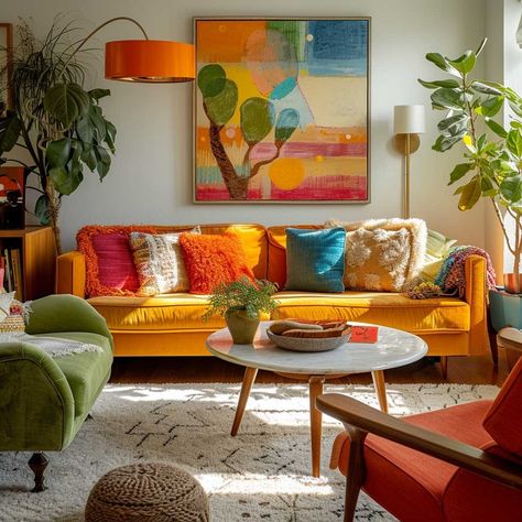 Mid Century Modern Eclectic, Modern Eclectic Living Room, Inspiring Lifestyle, Colourful Living Room Decor, Eclectic Living, Mid Century Living Room, Modern Eclectic, Colourful Living Room, Mid Century Modern Living Room