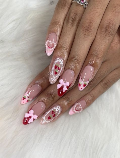 strawberry nails 🍓🍰 #nails #naildesign #nailartistry #nailart #manicure #pedicure #nailsofinstagram #instanails #naillenspiration #nailtrends #nailgoals #prettynails #cutenails #fancynails #acrylicnails #gelnails #longnails #shorthnails #Valentine'sdaynails #Valentine'sday Nail Art Designs Strawberry, Pearl Pink Valentines Nails, Valentine Coquette Nails, Nail Inspo Almond Valentines, Cute Almond Valentines Nails, Valentines Nail Set Almond, Coquette Valentines Day Nails, Nails Pink Strawberry, Strawberry Shortcake Acrylic Nails