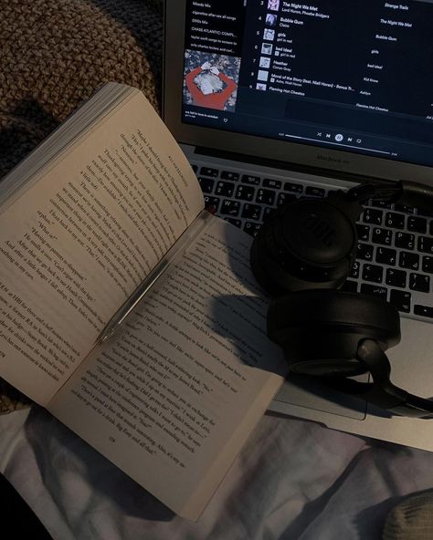 Open Book, Not Mine, Headphones, Laptop, Bed, Music