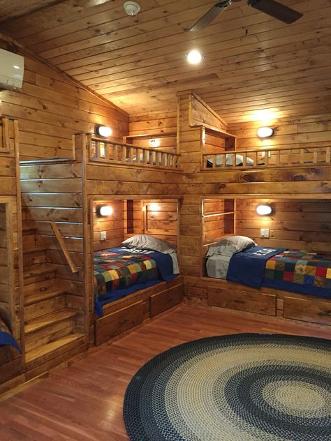 New bunk room at Mimi and Grandpa's cabin. Bunk for each of the 8 grandkids. Grandpas Cabin, Cabin Loft Bunk Room, Cabin Bunks, Cabin Kids Bedroom, Cozy Cabin Bunk Beds, Mountain Cabin Bunk Room, Rustic Bunk Beds Cozy Cabin, Cabins In The Woods Interior, Timber Bedroom