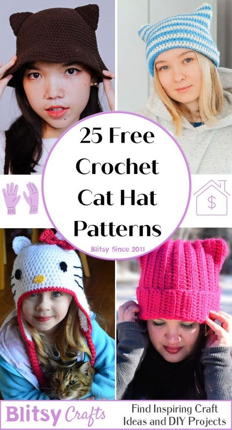 25 Free Crochet Cat Hat Patterns (Cat Beanie Pattern) Cat Hat Crochet, Cat Hat Pattern, Crochet Beanie Pattern Free, Crochet Cat Hat, Cat Ears Hat, Hat Patterns Free, Cat Beanie, Crochet Hat Free, Crochet Beanie Pattern