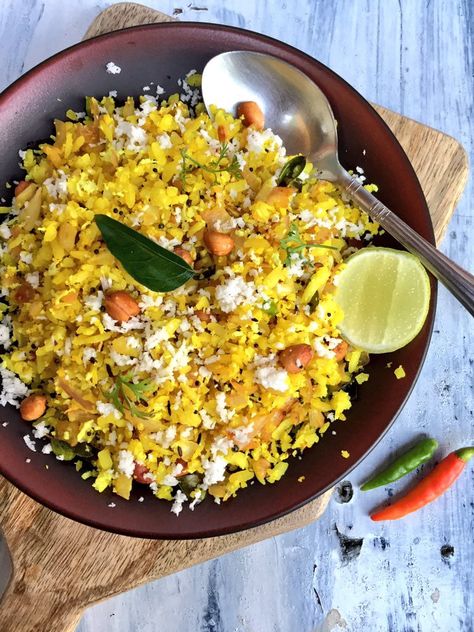 Maharashtrian Kande Pohe | Kanda Poha | Beaten rice with onions Recipe | Saffron Trail Poha Photography, Authentic Breakfast, Kanda Poha, Cooked Rice Recipes, Vegetables Dishes, Recipes In Marathi, Poha Recipe, Upma Recipe, Seared Chicken Breast