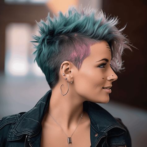 Mohawk Inspired Wolf Cut Pixie Wolf Cut Hair, Wolf Pixie Cut, Short Hair Dye Ideas Pixie Cuts, Short Wolf Haircuts, Pixie Wolf Cut, Haircut Ideas For Short Hair, Artsy Hair, Short Wolf Cut, Short Hair Mohawk