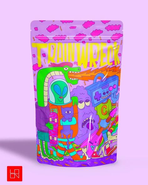 Packaging design idea Maximalism Packaging, Trippy Packaging Design, Snack Branding Design, Edgy Packaging Design, Funky Packaging Design, Trippy Packaging, Maximalist Packaging, Pop Art Packaging, Fun Packaging Design