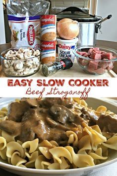 EASY SLOW COOKER BEEF STROGANOFF - Family favorite go-to cold weather meals is made even easier with this fantastic slow cooker recipe! Beef stew meat is slow cooked in a rich, creamy mushroom gravy sauce, cooked to tender perfection then served over eggs noodles. A hearty, stick-to-your bones, warm you up meal that’s always a hit!! #SlowCooker #CrockPot #BeefStroganoff #Beef #Recipe Crockpot Beef Stroganoff With Chuck Roast, Dump And Go Crockpot Beef Stroganoff, Beef Stroganoff Crockpot Easy Crock Pot, Crockpot Stroganoff Recipes, Beef Stroganoff Crockpot Easy, Beef Stroganoff Crock Pot Recipes, Paula Deen Beef Stroganoff, Instant Pot Easy Recipes, Easy Crockpot Beef Stroganoff