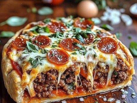 Cheesy Pizza Burger Pie, Deep Hamburger Sausage And Pepperoni Pie, Burger Pie Recipe, Pizza Burger Pie, Jalapeno Cornbread Poppers, French Onion Meatballs Recipe, Fried Cheese Bites, Pizza Pie Recipe, Homemade Chicken Alfredo