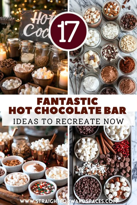 a fun and festive hot chocolate bar with all the essentials to recreate at your next party or event. Hit Chocolate Bar, Cocoa Station Christmas, Desert Bar Ideas, Hot Chocolate Bar Wedding, Hot Drink Bar, Fancy Hot Chocolate, Hot Cocoa And Coffee Bar, Wedding Hot Chocolate, Bar For Party