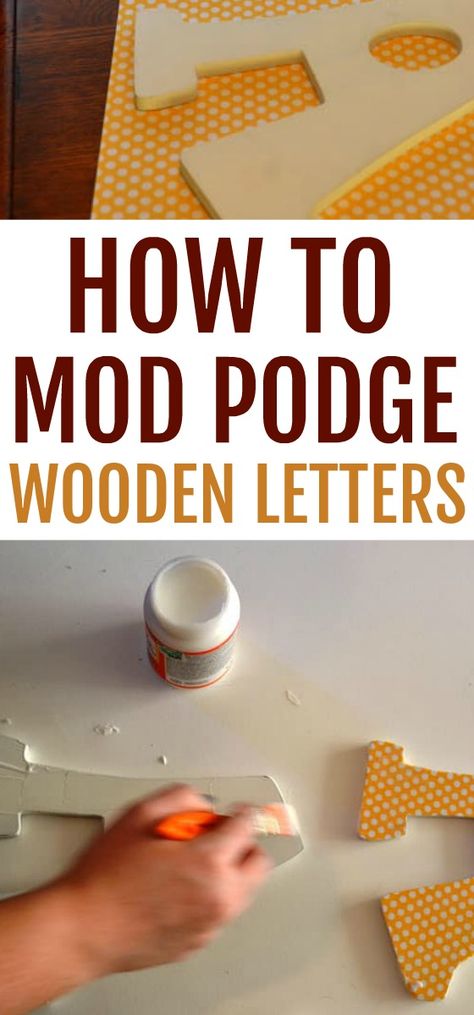 Learn how to easily Mod Podge wooden letters with scrapbook paper using this quick and easy tutorial. Great gift giving idea for nurseries or kids rooms. Picture Letters Modge Podge, Modge Podge Letters, Decorating Wooden Letters, Mod Podge Pictures On Wood, Easy Wood Projects For Kids, Wooden Letter Decoration Ideas, Mod Podge Letters, How To Mod Podge, Wooden Letters Diy