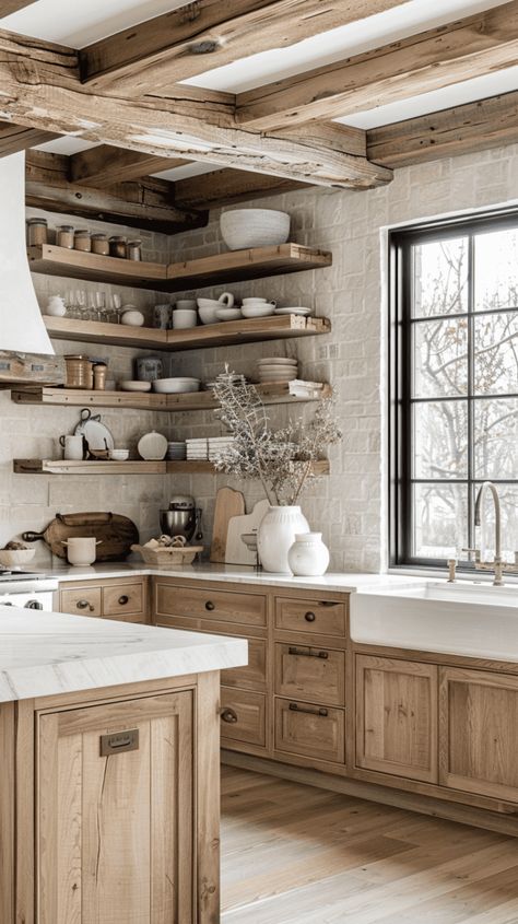 20+ Farmhouse Kitchen Ideas For Your Home White And Natural Wood Kitchen, Rustic Hickory Kitchen, Italian Farmhouse Kitchen, Rustic Cottage Kitchens, Repainting Cabinets, Wood Shelves Kitchen, Hickory Kitchen, Farmhouse Makeover, Natural Wood Kitchen