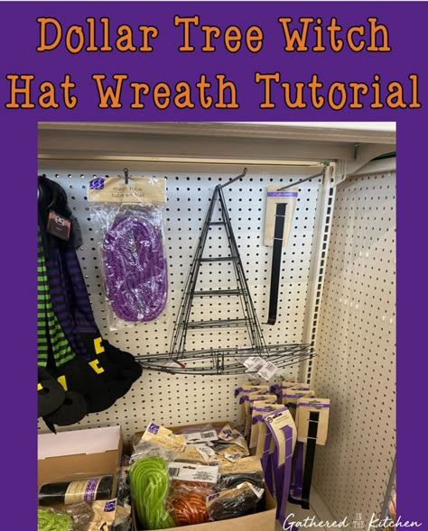 Witch Hat Wreath Tutorial, Dollar Tree Witch Hat Wreath, Witch Hat Door Wreath, Dollar Tree Witch Hat, Halloween Witch Hat Wreath, Diy Fall Crafts, Witch Hat Wreath, Halloween Witch Wreath, Halloween Mesh Wreaths