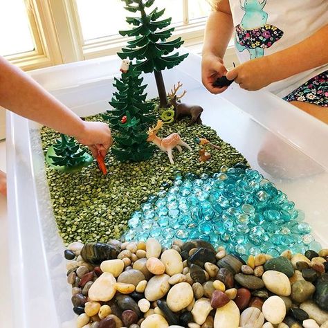 Forest Theme Sensory Bin, Nature Themed Sensory Bins, Nature Sensory Bin Preschool, Camp Sensory Bin, Forest Sensory Play, Forest Animal Sensory Bin, Sensory Play Themes, Woodland Sensory Bin, Camping Theme Sensory Bin