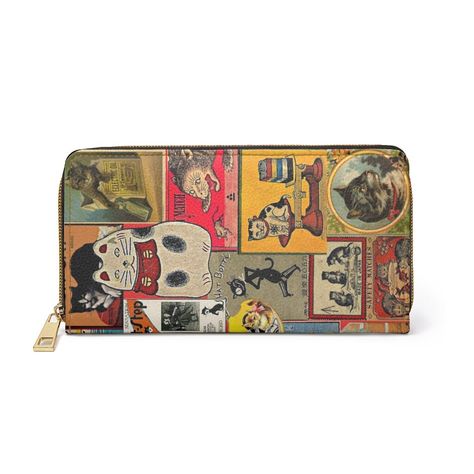 "Brighten up your wardrobe with this colorful selection of krazy kitties. Digitally created from antique matchbox covers and vintage wallpaper, this striking pattern is as unique as it is amusing! For carrying around all your credit cards, cash, and driver's licenses look no further than this cat wallet. Made with cruelty-free faux leather, this wallet comes packed with utility and style. Material: Cruelty-free faux leather\\n.: Durable high-quality nylon zip and alloy hardware\\n.: Gold color t Vintage Wallet, Cute Wallet Aesthetic, Aesthetic Wallet, Wallet Aesthetic, Cute Wallet, Wallets, Cat Wallet, Cash Wallet, Fun Wallets