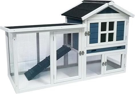 Amazon.com : RUNSHED Rabbit Hutch 2-Story Bunny Cage Small Animal House for Indoor Outdoor Wooden Rabbit Cage with No Leak Tray Waterproof Roof (56.8" L x 22.5" W x 34.7" H, Grey Blue&White) : Pet Supplies Wooden Rabbit Cage, Bunny Cage, Bunny Cages, Rabbit Hutch, Rabbit Cage, Wooden Rabbit, Rabbit Hutches, Animal House, Hutch