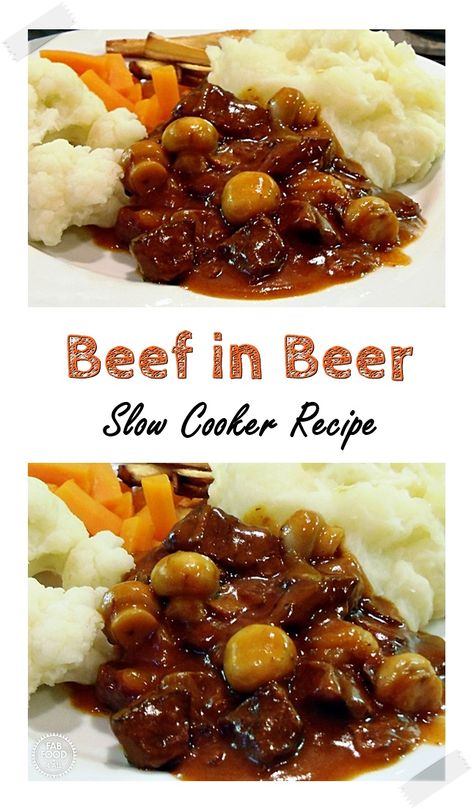 Slow cooked Beef in Beer is a delicious combination of beef, beer, mushrooms and red onions in a meaty, herby, tomato infused gravy. Serve with mash for the ultimate comfort food! #beefinbeer #beefinbeerslowcooker #beefinbeerrecipe #beefrecipes #slowcookerbeef #slowcookerbeefrecipes #crockpotbeefstew #beefandale #beefandalestew #beefandalestewslowcooker #beefstew Beef In Beer, Beef And Ale Stew, Stewing Steak, Beer Recipe, Beef Stew Crockpot, Slow Cooked Beef, Yummy Casseroles, Beer Recipes, Red Onions