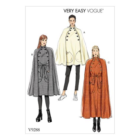 Vogue Patterns 9288 MISSES' CAPE WITH HIGH COLLAR, POCKETS, AND BELT sewing pattern Cloak Sewing Pattern, Cloak Pattern, Mantel Cape, Cape Pattern Sewing, Steampunk Coat, Cape Pattern, Sew Patterns, Vogue Sewing, Vogue Sewing Patterns