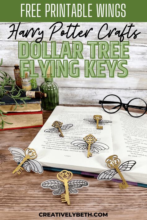 Harry Potter Crafts DIY Flying Keys Dollar Tree by Creatively Beth #creativelybeth #harrypotter #crafts #diy #flyingkeys #dollartree Harry Potter Keys With Wings Diy, Harry Potter Keys With Wings Printable, Harry Potter Flying Keys Printable, Harry Potter Themed Crafts, Dollar Tree Harry Potter, Harry Potter Keys With Wings, Harry Potter Crafts Diy, Harry Potter Gift Ideas Diy, Harry Potter Keys