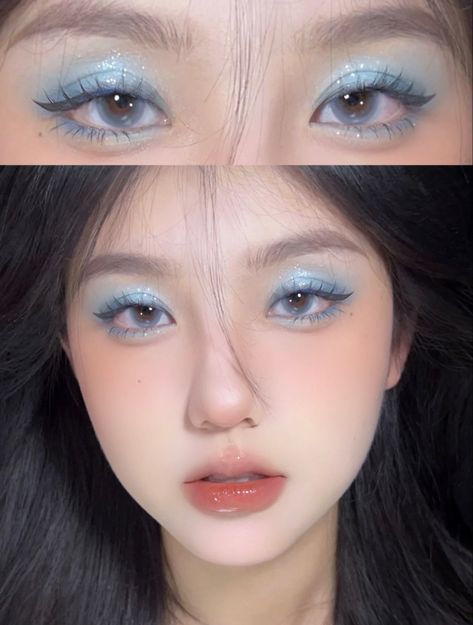 Teal Douyin Makeup, Light Blue Douyin Makeup, Blue Doyun Makeup, Cinnamoroll Makeup Look, Cyan Makeup, Frozen Makeup Look, Elsa Makeup Look, 90s Makeup Grunge, Blue Douyin Makeup