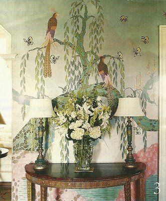 Loving some peacocks. again. Home Murals, Amazing Interiors, Florence Broadhurst, Peacock Wallpaper, Tree Mural, Mural Ideas, Emily Henderson, Painting Home, Tropical Design