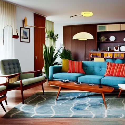 Mid Century Modern Living Room Ideas Retro Interior Design, Mid Century Living Room With Teal Sofa, Turquoise Mid Century Living Room, Mid Century Modern Living Room Conversation Pit, Colorful Mid Century Modern Living Room, Midcentury Modern Blue Couch, Teak Living Room, Surf House Decor, Mid Century Modern Wall Decor