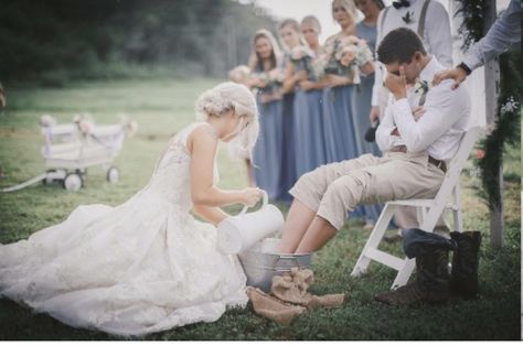 Washing my husbands feet at our wedding. We chose to wash each other's feet as a sign of love and service to one another. It is a vow to always remain in a humble position – to lift up the other, even at great cost to itself. It is a reminder to love and serve like Jesus has so greatly loved and served us – even and especially in the messes.  John 13:2-5 Christ Centered Wedding, Sign Of Love, Cinderella Wedding, Vintage Wedding Hair, Wedding Dress Chiffon, Christian Wedding, After Life, Wedding Outfits, Here Comes The Bride