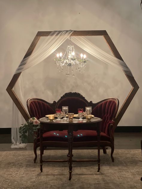 Sweetheart Table With Arch Behind, Romantic Sweetheart Table, Whimsigoth Wedding, Couples Table, Hexagon Arch, Sweetheart Table Backdrop, Velvet Settee, Head Table Backdrop, Hexagon Wedding