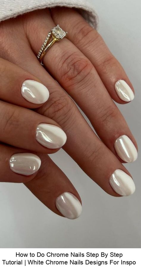 How to Do Chrome Nails Step By Step Tutorial | White Chrome Nails Designs For Inspo % #uñas french #diseños de uñas #uñas sencillas Vanilla Chrome Nails Short, White Dip With Chrome, Short White Pearl Nails, Milky White Chrome Nails Short, White Crome Nails Almond French, Milky French Manicure Almond, Vanilla Chrome Nails French Tip, White Chrome Toe Nails, White Chrome Nails French Tip