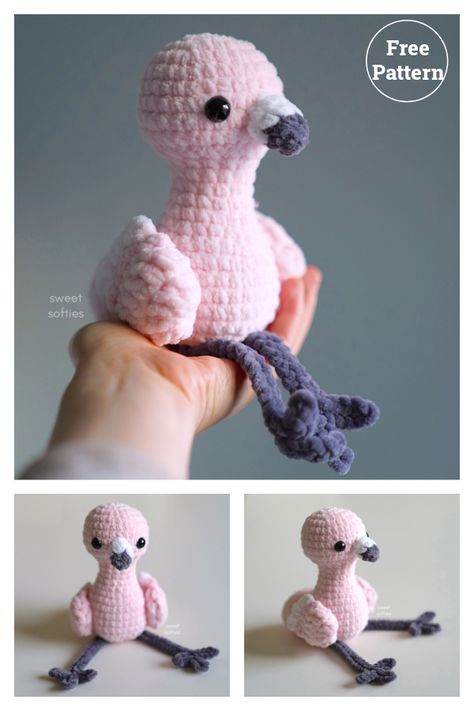 Chunky Yarn Crochet Pattern, Crochet Flamingo, Crochet Stuffed Animals, Crocheted Animals, Crochet Toys Free, Easy Crochet Animals, Crochet Plushies, Crochet Birds, Crochet Animals Free Patterns