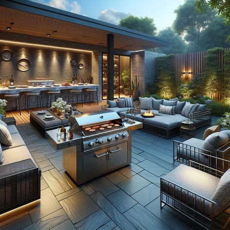 Step into a bachelor's outdoor retreat, boasting a high-tech grill and striking minimalist décor amidst a green backdrop. Experience tranquil relaxation areas, a classy bar, and warm ambient lighting. #OutdoorLiving #GrillMaster #PatioGoals #BachelorPad #OutdoorBar #CocktailHour Classy Bar, Backyard Pool House, Terrace Designs, Royal Villa, Garden Rooftop, Luxury Outdoor Kitchen, Outdoor Cooking Spaces, Blacklight Posters, Home Styles Exterior