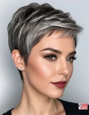 Balayage Transition To Gray Hair - Gray Hair Balayage « Only Hairstyles Silver Pixie Undercut Gray Hair, Gray Highlights Pixie Haircut, Short Grey Hair Highlights, Short Dark Hair With Silver Highlights, Grey Highlights Short Hair, Short Grey Pixie Haircut, Pixie Gray Hairstyles, Pixie Cut Highlights, Balayage Pixie Hair