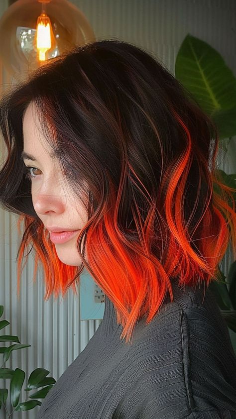 Hairdye Ideas, Fire Ombre Hair, Orange Ombre Hair, Flame Hair, Black Hair Ombre, Cheveux Oranges, Ideas For Black Hair, Hair Color Underneath, Vivid Hair Color