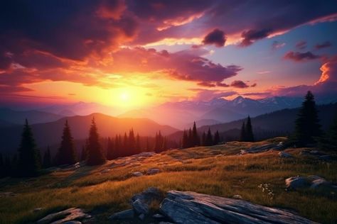 Majestic sunset in the mountains landscape. Dramatic sky. beautiful sunset in the mountains. Sunset at the top of hike. sunset in the valley, AI Generated Mountains Sunset, Dramatic Sky, Mountains Landscape, Mountain Sunset, Tree Saw, Cityscape Photos, Beautiful Sunrise, Nature Backgrounds, At The Top