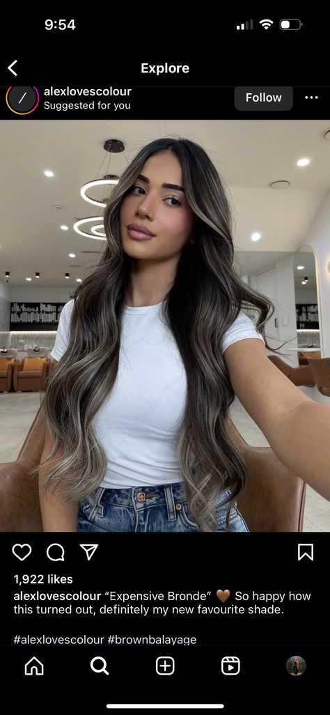 Balayage Hair With Extensions, Long Brunette Hair Extensions, Balayage Brownie Batter, Balayage On Black Hair Indian, Brownie Batter Balayage, Dark Brunette With Dimension, Hidden Highlights Hair, Black Hair With Brown Balayage, Beige Balayage On Dark Hair