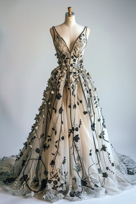 Wedding Dress Black Accent, Black Accent Wedding Dress, Black Floral Wedding Dress, Light Grey Wedding Dress, Wedding Dress With Black Accents, Black And Gold Wedding Dress, Unique Colored Wedding Dresses, Moody Wedding Dress, Gray Wedding Dress