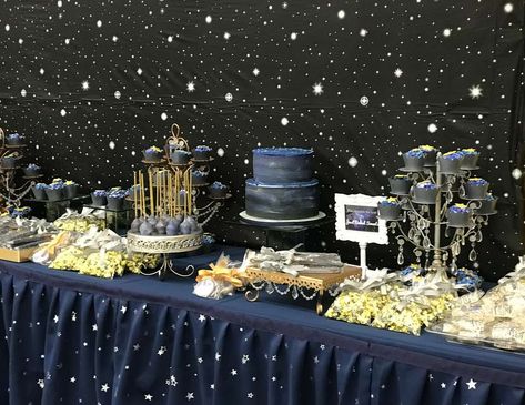 Galaxy / Any Party! "Galaxy Theme Party Dessert Table" | Catch My Party Galaxy Theme Party, Astrology Party, Birthday Room Decor, Galaxy Party, Birthday Room, Starry Night Wedding, Quinceanera Planning, Leo Birthday, Party Dessert Table