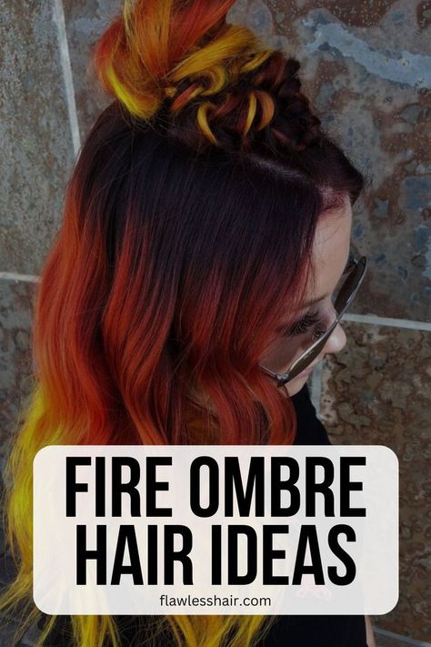 Fire Ombre With Mahogany Roots Fire Ombre Hair Long, Fire Ombre Hair, Ombre Hair Ideas, Flame Hair, Fiery Red Hair, Oc Creator, Fire Hair, Color Melting, Dark Roots