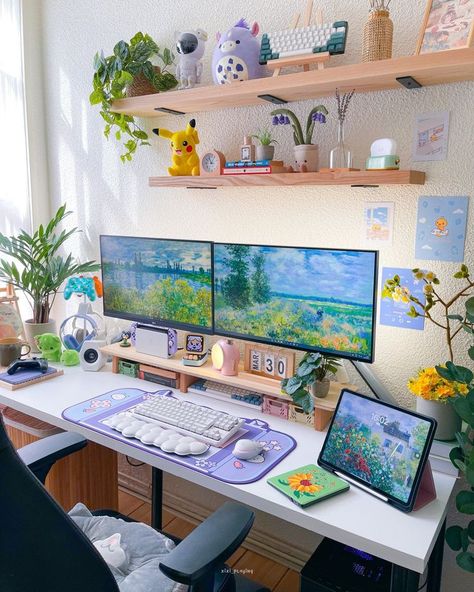 Wacom Cintiq Desk Setup, Art And Gaming Desk, Two Monitors Setup, Artist Desk Setup Aesthetic, Dual Gaming Setup Couple, Colorful Gaming Setup, Designer Work Space, Small Pc Setup, Double Monitor Setup Home Office