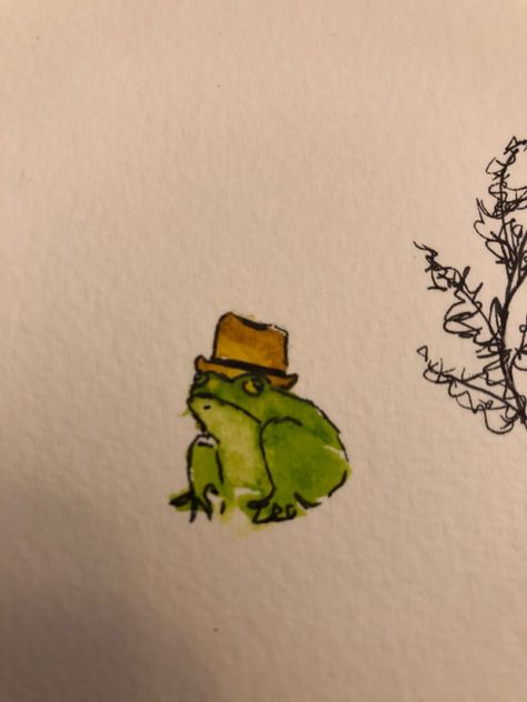 Frog Art Watercolor, Frog With Top Hat Drawing, Frog Drawing Watercolor, Simple Frog Sketch, Frog In Hat Drawing, Frogs With Hats Drawing, Frog Watercolor Simple, Funky Frogs Drawing, Animals With Hats Drawings