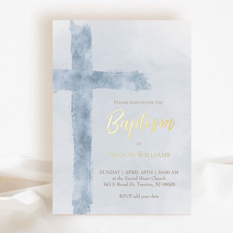 Baptism Cards, Baptism Invitation, Foil Invitations, Watercolor Blue, Boy Baptism, Shop Watercolor, Blue Cross, Baptism Invitations, Christening Gifts