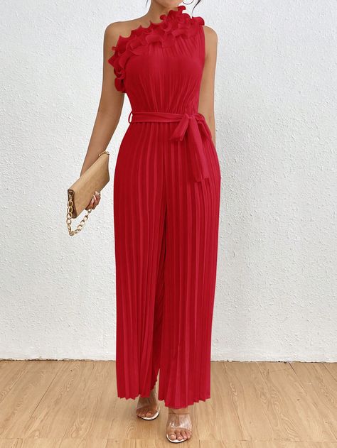 SHEIN Privé Women's Asymmetrical Neck Lace Trimmed Jumpsuit With Belted And Pleated DesignI discovered amazing products on SHEIN.com, come check them out! Summer Elegant, Wedding Theme Colors, Asymmetrical Neckline, Color Inspo, Neck Lace, Sleeveless Jumpsuits, Colourful Outfits, Jumpsuits For Women, Summer Women