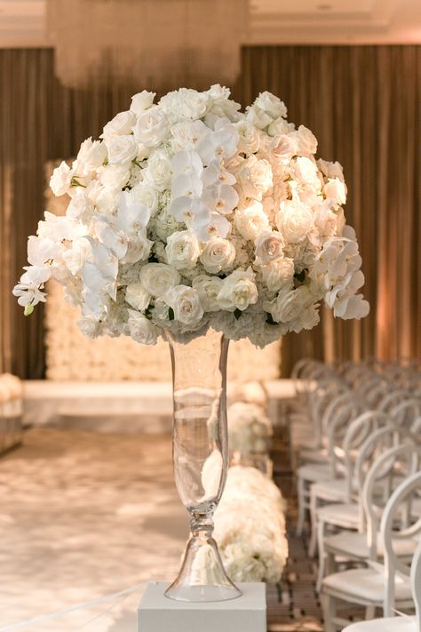 Leigh & Chris' Extravagant All-White Winter Wedding - Chicago Style Weddings Wedding Flowes, White Wedding Centerpieces, Winter Wedding Bridesmaids, Wedding Church Decor, White Floral Arrangements, White Winter Wedding, Dresses With Lace, New Years Wedding, Wedding Champagne Glasses