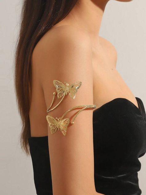 1pc Fashionable & Personalized Hollow Out Butterfly Detail Metal Arm Bracelet For Women, Minimalist & Adjustable, Suitable For Daily Wear | SHEIN USA Arm Jewellery, Armlet Gold, Arm Cuff Jewelry, Fashion Jewelry Necklaces Gold, Arm Bracelets Upper, Upper Arm Cuffs, Arm Bracelet, Thigh Chain, Hand Rings