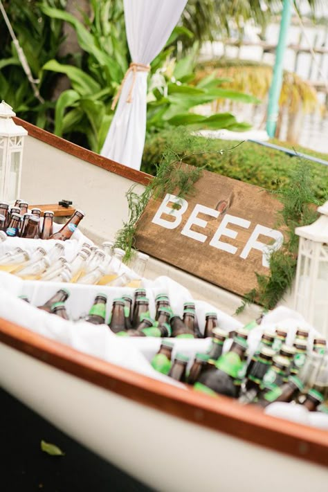 Nautical Waterfront Wedding, bar, boat, beer, creative bar ideas, outdoor wedding Canoe Wedding, Wedding Drink Bar, Boat Wedding, Waterfront Wedding, בר מצווה, Beach Wedding Ideas, Wedding Drink, Wedding Beach, Nautical Wedding