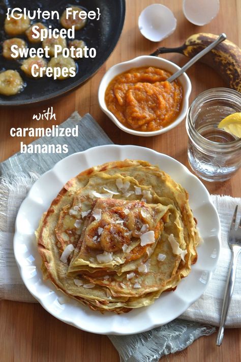 Spiced Sweet Potato Crepes with Caramelized Bananas Potato Crepes, Cauliflower Wraps, Making Crepes, Gluten Free Spices, Gluten Free Cinnamon, Banana Crepes, Recipes Banana, Crepes Filling, Gf Breakfast