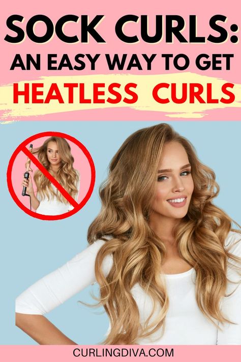 You've heard of heatless curls, but do you know how to get them? Sock curls are an easy way! Wrap your hair in a sock and go about your day. When you take the sock out, voila! Instant curls. It's a great way to use up old socks and it makes your hair super soft in the process. Learn how to curl short hair with a sock! It's easy, quick, and gives you bouncy curls that last all day long. Sock curls are a simple way to add volume, texture, and curl to your hair without heat styling. Curl Your Hair With Socks, Hair With Socks, Curling Hair With Socks, Curled Layered Hair, Curl Hair Without Heat, Easy Curled Hairstyles, Sock Curls, Diy Curls, Curls Without Heat