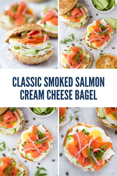 Looking for a tasty egg-free breakfast option? Try a Smoked Salmon Bagel and Lox, ready in just 5 minutes. Spread with cream cheese and loaded with crunchy veggies, it's a delightful morning treat. Add hard-boiled eggs, fresh dill, and capers for a touch of elegance, perfect for breakfast or brunch. Sweet Bagel Toppings Ideas, Everything Bagel Cream Cheese, Lox Bagel, Bagel Breakfast, Smoked Salmon Cream Cheese, Salmon Breakfast, Egg Free Breakfast, Crunchy Veggies, Smoked Salmon Bagel