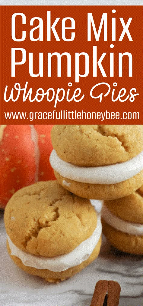 These Pumpkin Cake Mix Whoopie Pies make an indulgent fall dessert and are easy to put together since they use cake mix and store-bought frosting! Find full recipe details at gracefullittlehoneybee.com Whoppie Pies Pumpkin, Pumpkin Whoopie Pies From Box Cake, Cake Mix Pumpkin Whoopie Pies, Pumpkin Gob Cake, Easy Pies For Bake Sale, Box Cake Mix Whoopie Pies, Easy Whoopie Pies, Pumpkin Whoopie Pies With Maple Filling, Woopie Cookies Cake Mixes