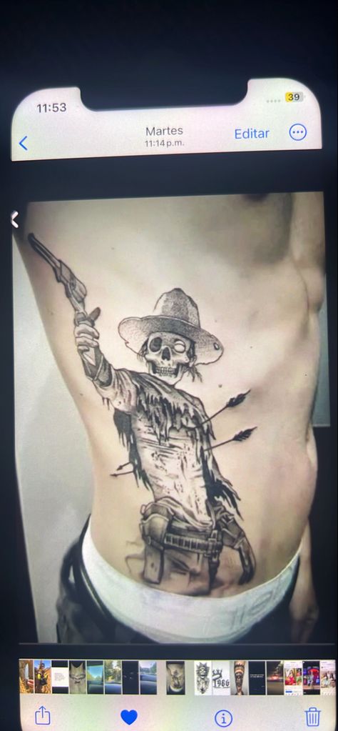 Mens Chest Tattoos Ideas, Skeleton Cowboy Tattoo, Mens Stomach Tattoo, Cowboy Tattoo, Animal Tattoos For Men, Rib Tattoos For Guys, Cowboy Tattoos, Skull Sleeve Tattoos, Full Sleeve Tattoo Design