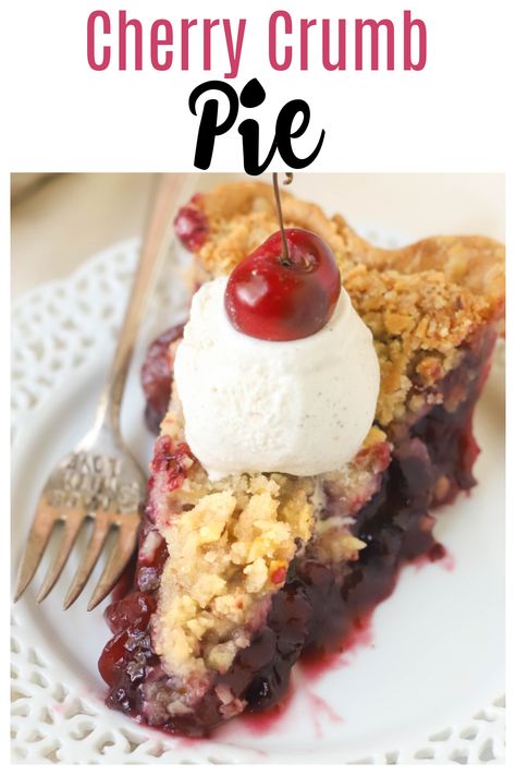 This fresh sweet cherry crumb pie, with a buttery crust, gets topped with an almond crumb topping making it the perfect summer dessert to make! Fresh cherries are best, but frozen cherries can also be used. My secret to a thick cherry filling is cooking the filling first. Cherry Crumb Pie, Fresh Cherry Pie, Crumb Pie, Cherry Pie Recipe, Crumb Bars, Canned Cherries, Cherry Season, Seasonal Fruit, Quick Easy Desserts