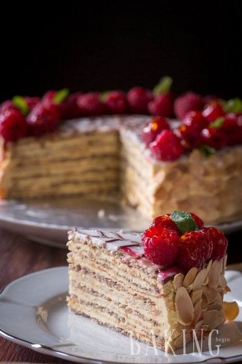 Esterhazy - Exceptional Hungarian cake made of Hazelnut Meringue and rich Custard Buttercream | By Let the Baking Begin! Custard Buttercream, Hazelnut Meringue, Hungarian Cake, Hungarian Desserts, Russian Cakes, Hazelnut Cake, British Baking, Layered Cake, A Piece Of Cake