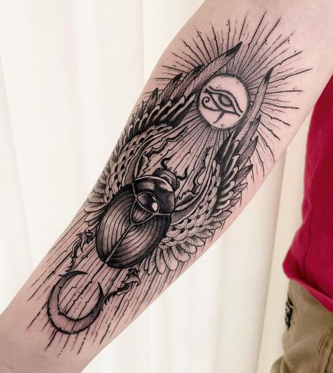 Bug Tattoo Ideas, Scarab Beetle Tattoo, Scarab Tattoo, Egyptian Beetle, Beetle Tattoo, Shin Tattoo, Egyptian Tattoo Sleeve, Egypt Tattoo, Armband Tattoo Design